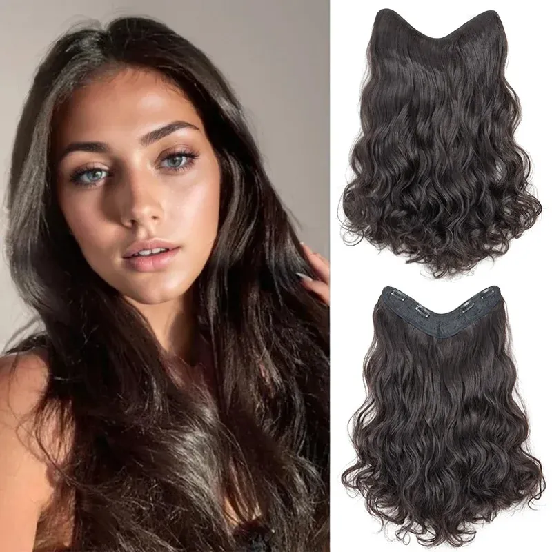 Extension Capillaire Synthétique Longue et Ondulée en V, 4 Clips, 20 Pouces, Blonde Noire, pour Femme
