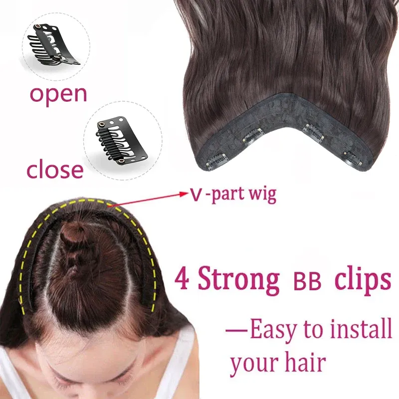 Extension Capillaire Synthétique Longue et Ondulée en V, 4 Clips, 20 Pouces, Blonde Noire, pour Femme 5