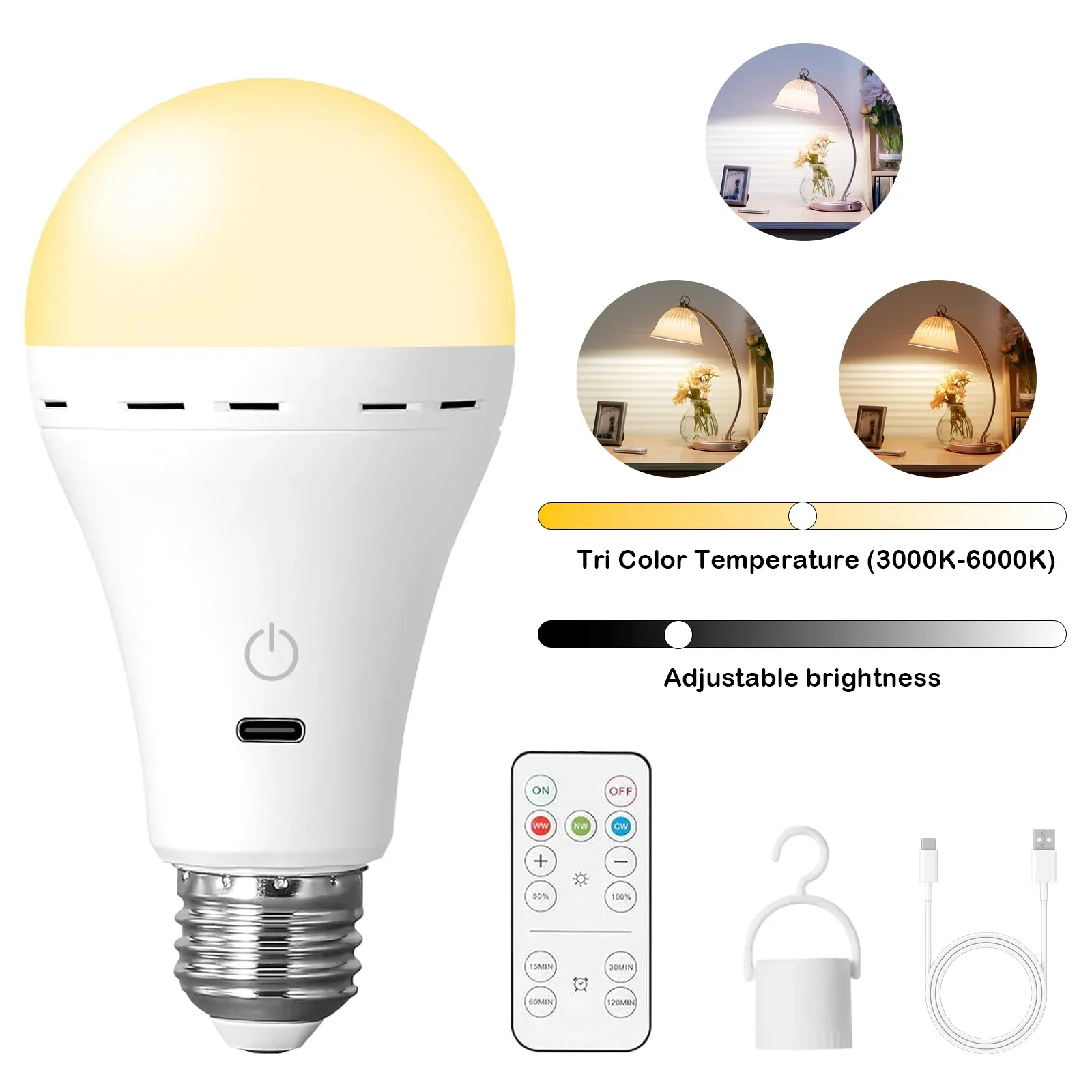 Ampoule rechargeable E27 avec télécommande, intensité variable et minuterie