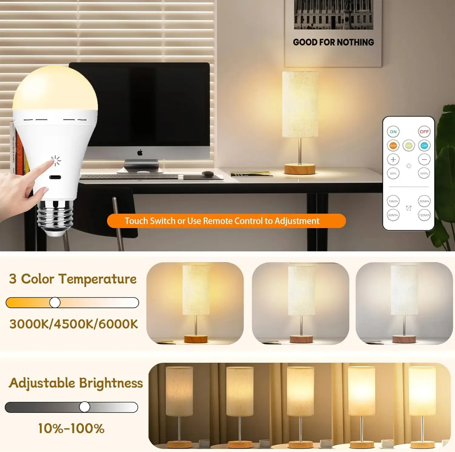 Ampoule rechargeable E27 avec télécommande, intensité variable et minuterie 2