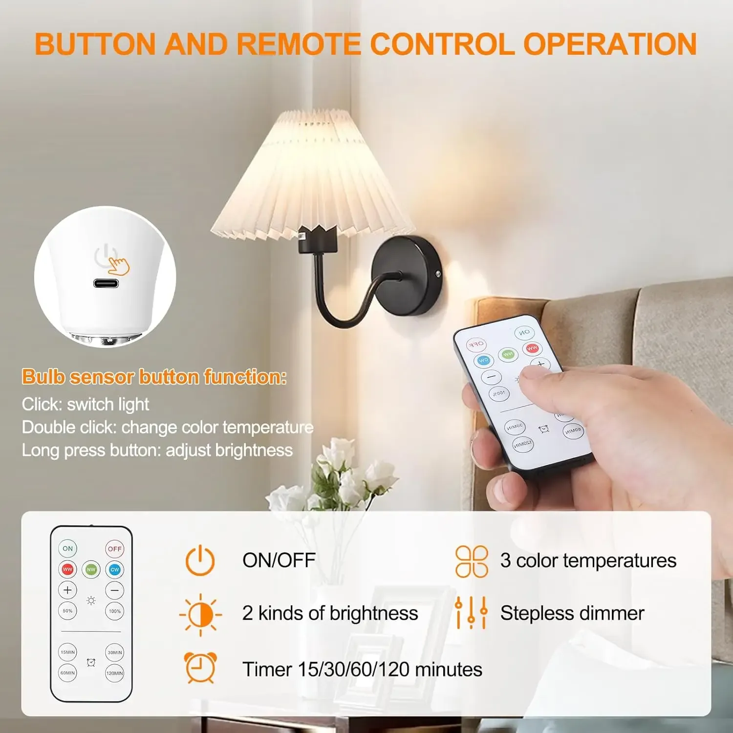 Ampoule rechargeable E27 avec télécommande, intensité variable et minuterie 5