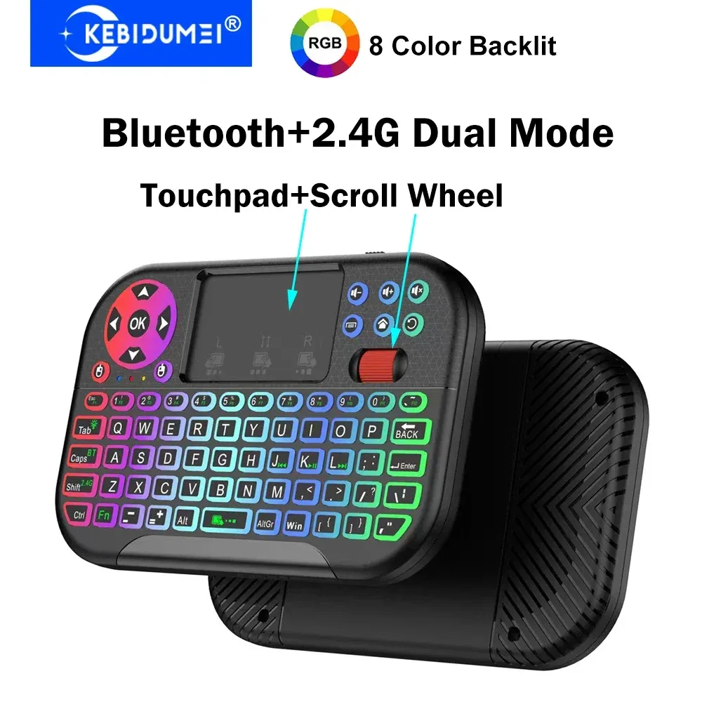 Clavier sans fil Mini KEBIDUMEI avec pavé tactile à molette de défilement, rétroéclairage 8 couleurs, connectivité Bluetooth et 2,4 GHz, télécommande Air Mouse pour PC et boîtier TV