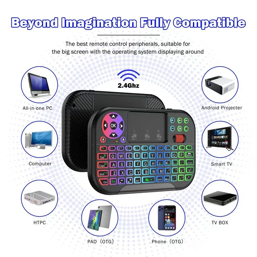 Clavier sans fil Mini KEBIDUMEI avec pavé tactile à molette de défilement, rétroéclairage 8 couleurs, connectivité Bluetooth et 2,4 GHz, télécommande Air Mouse pour PC et boîtier TV 3