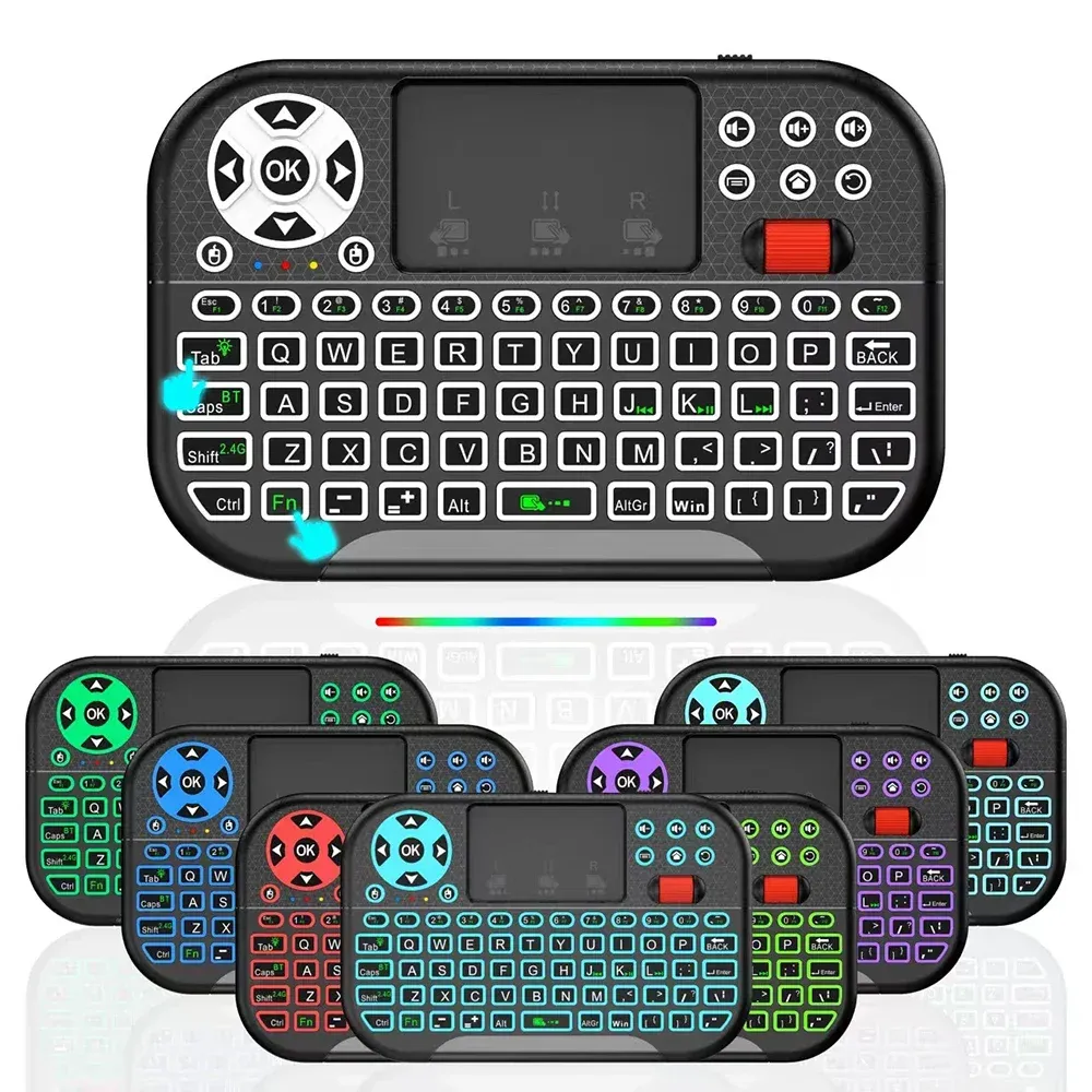 Clavier sans fil Mini KEBIDUMEI avec pavé tactile à molette de défilement, rétroéclairage 8 couleurs, connectivité Bluetooth et 2,4 GHz, télécommande Air Mouse pour PC et boîtier TV 5