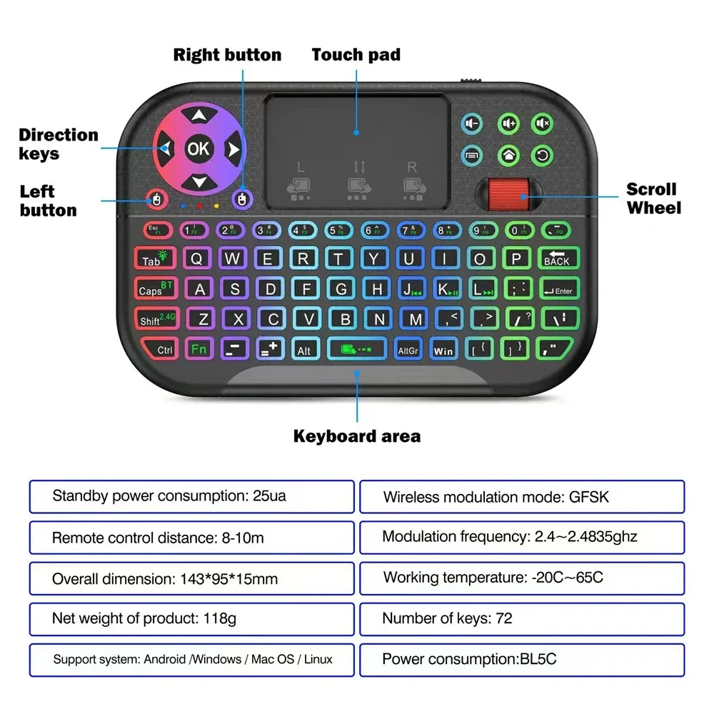 Clavier sans fil Mini KEBIDUMEI avec pavé tactile à molette de défilement, rétroéclairage 8 couleurs, connectivité Bluetooth et 2,4 GHz, télécommande Air Mouse pour PC et boîtier TV 4