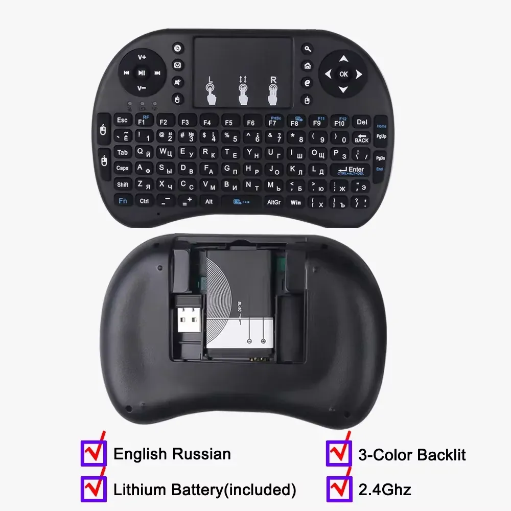 Clavier sans fil Mini KEBIDUMEI avec pavé tactile à molette de défilement, rétroéclairage 8 couleurs, connectivité Bluetooth et 2,4 GHz, télécommande Air Mouse pour PC et boîtier TV 8