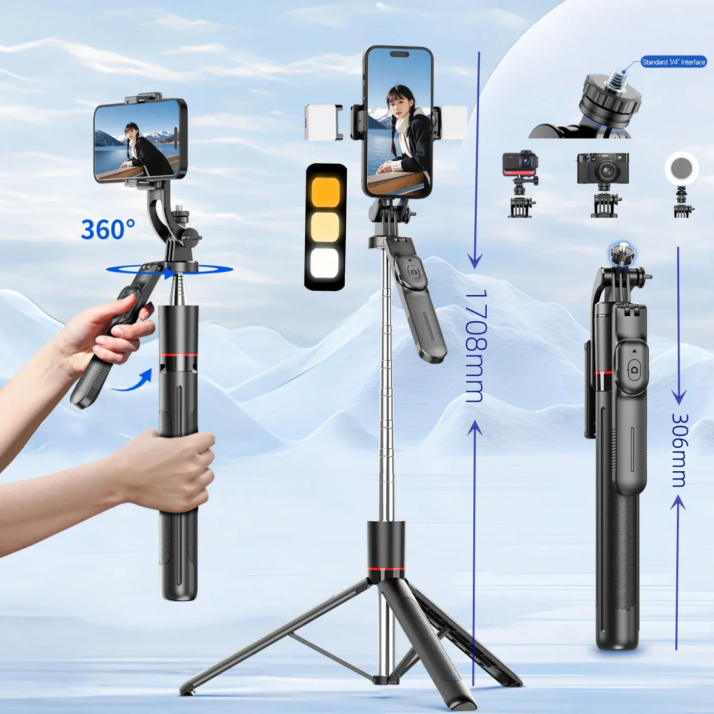 Perche à selfie trépied MEUYAG avec lumière de remplissage, monopode 1708 mm, télécommande Bluetooth, rotation à 360°, filetage 1/4 pouce, pour smartphone - Image 1