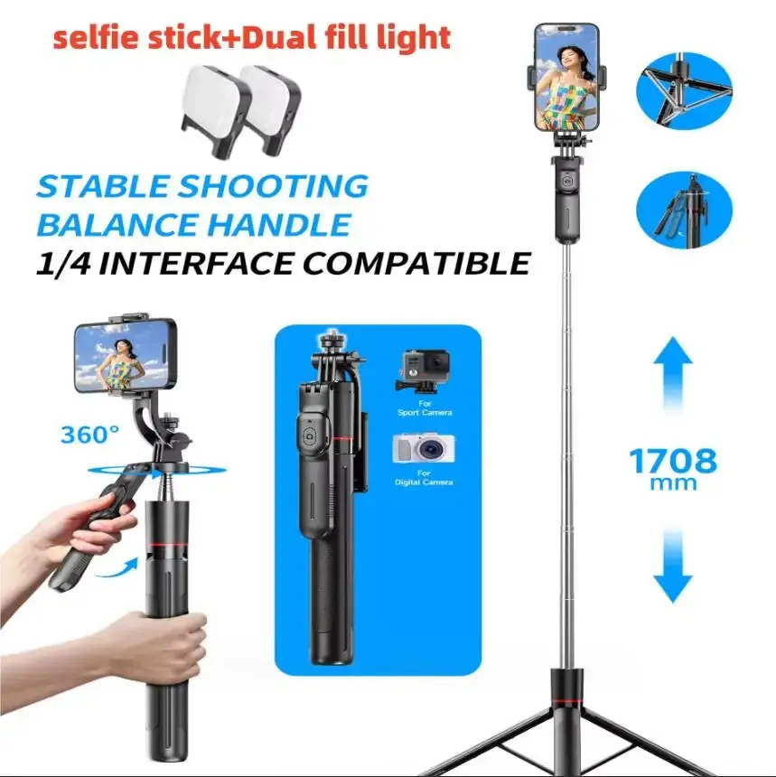 Perche à selfie trépied MEUYAG avec lumière de remplissage, monopode 1708 mm, télécommande Bluetooth, rotation à 360°, filetage 1/4 pouce, pour smartphone 10
