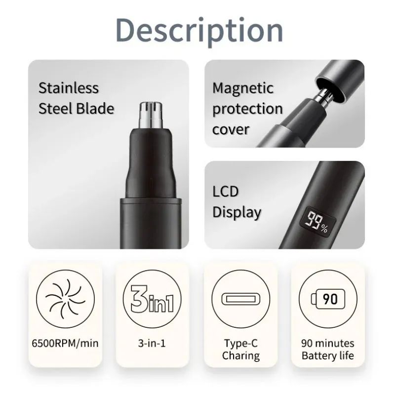 Tondeuse 3 en 1 rechargeable pour nez, oreilles et barbe Xiaomi 2025 pour homme, indolore 3