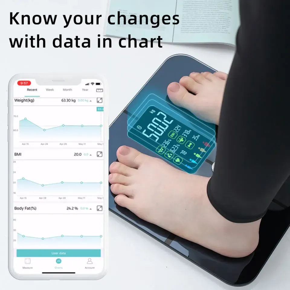 Balance connectée Bluetooth - Analyseur de masse grasse et d'IMC haute précision, grand écran, pour le suivi de la santé 3