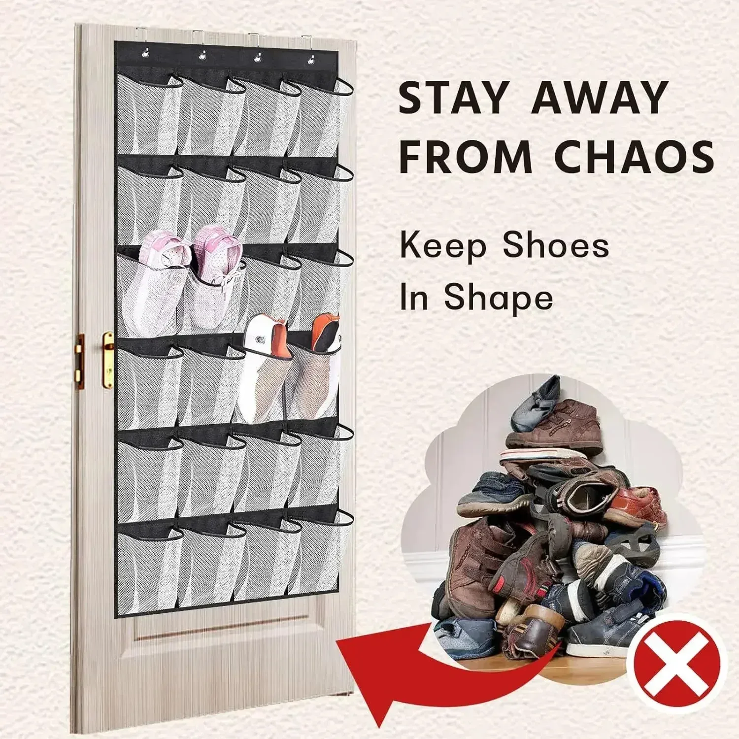 Organisateur de chaussures à suspendre à la porte, 12/14/24/28/35/40 poches, étagère à chaussures en maille avec crochets pour rangement sur porte de placard, noir/blanc/gris 6