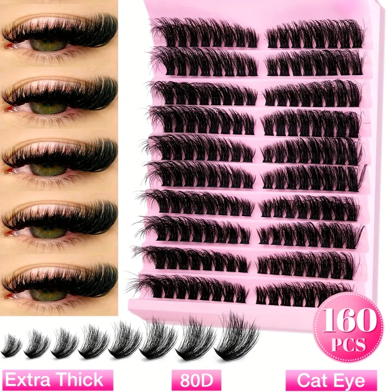 Extensions de cils effet naturel, courbure D, lot de 120, 160 ou 200 pièces (9-16 mm), kit mixte 40D, T50 et 80D, œil de chat 9