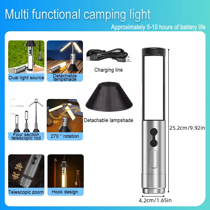 Lampe de poche LED télescopique portable rechargeable, projecteur pliable pour réparation automobile et éclairage de camping 7