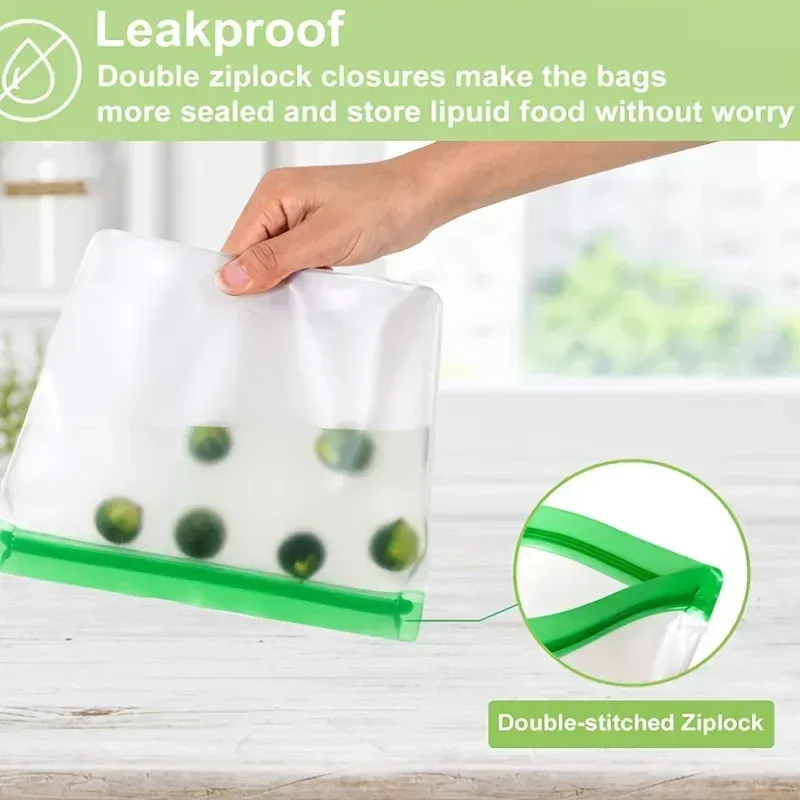 Sac alimentaire réutilisable en silicone, pour congélateur, sac de conservation debout, sac PEVA, contenants étanches, sac de rangement en cuisine, sac à fermeture zippée 4