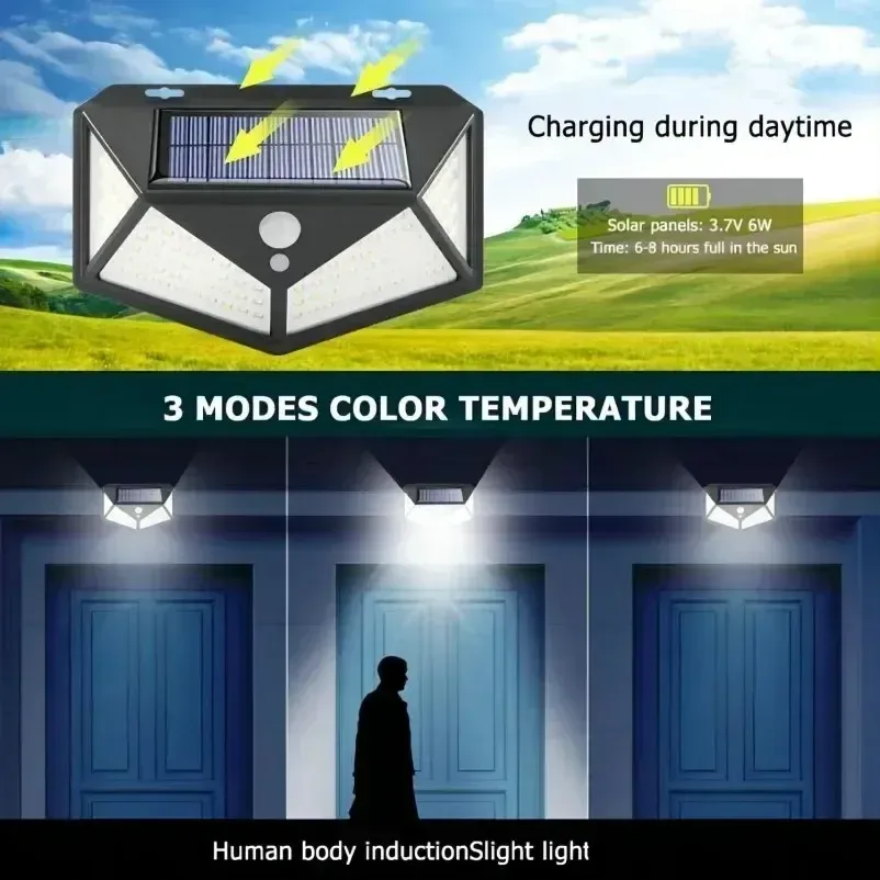 Lampe solaire LED multifonction avec détecteur de mouvement, étanche, éclairage extérieur pour jardin, 62 LED 6