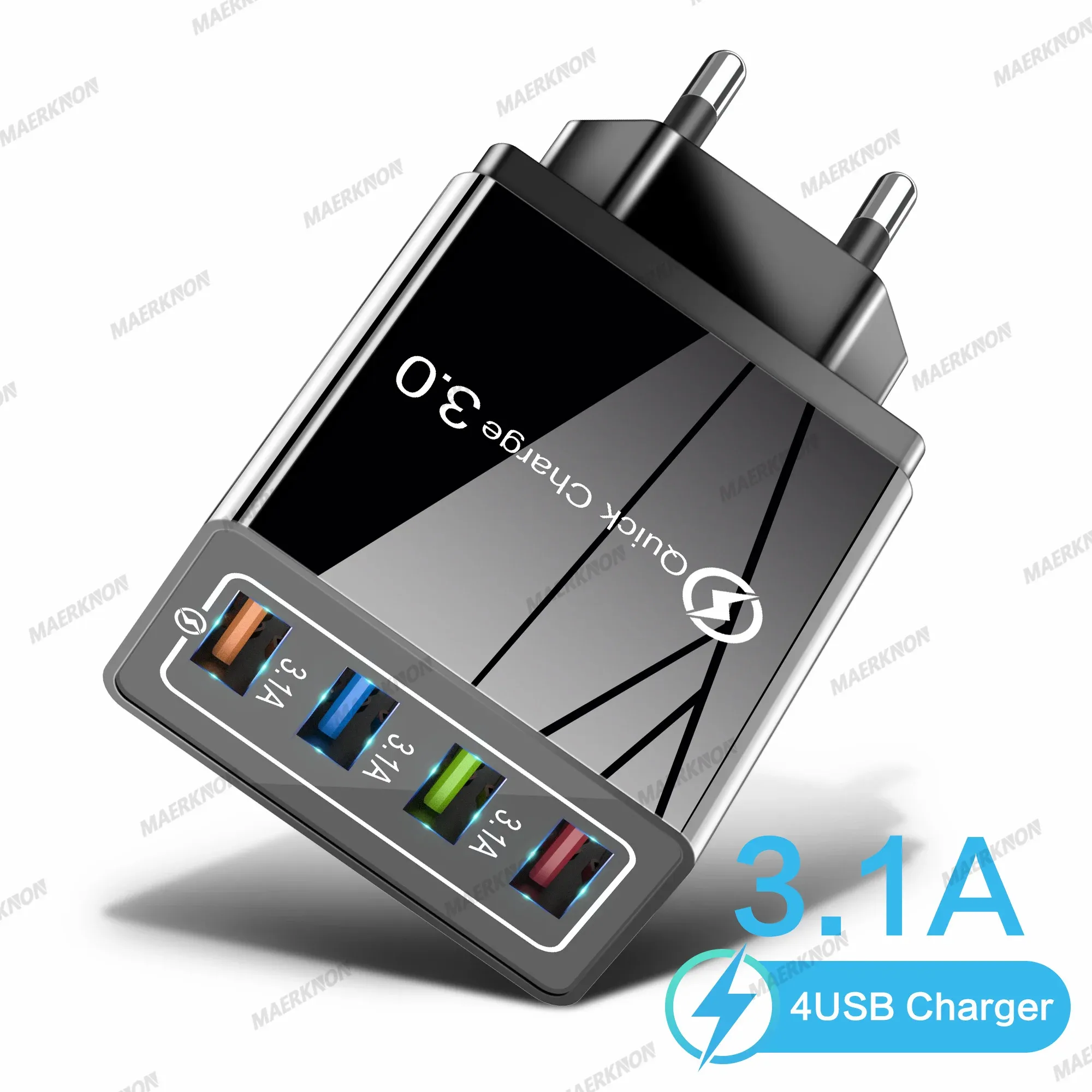 Chargeur USB 3A à 4 ports, charge rapide 3.0, prises UE et US, compatible iPhone, Samsung, Xiaomi, écouteurs, adaptateur de chargeur pour téléphone portable - Image 1