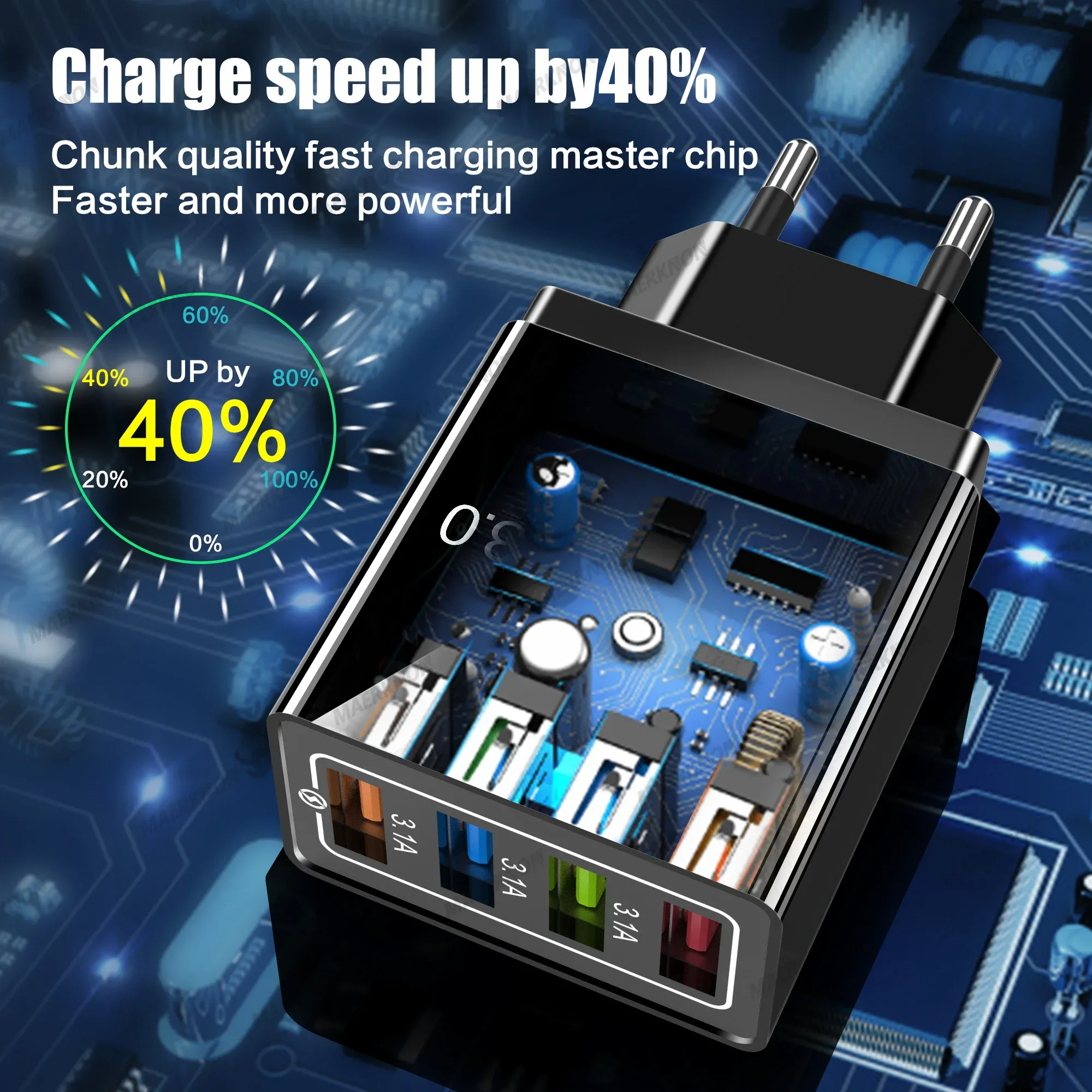 Chargeur USB 3A à 4 ports, charge rapide 3.0, prises UE et US, compatible iPhone, Samsung, Xiaomi, écouteurs, adaptateur de chargeur pour téléphone portable 3