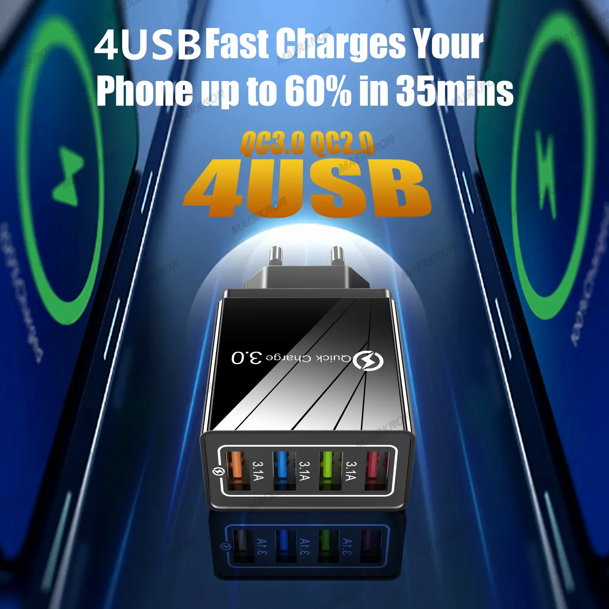 Chargeur USB 3A à 4 ports, charge rapide 3.0, prises UE et US, compatible iPhone, Samsung, Xiaomi, écouteurs, adaptateur de chargeur pour téléphone portable 4