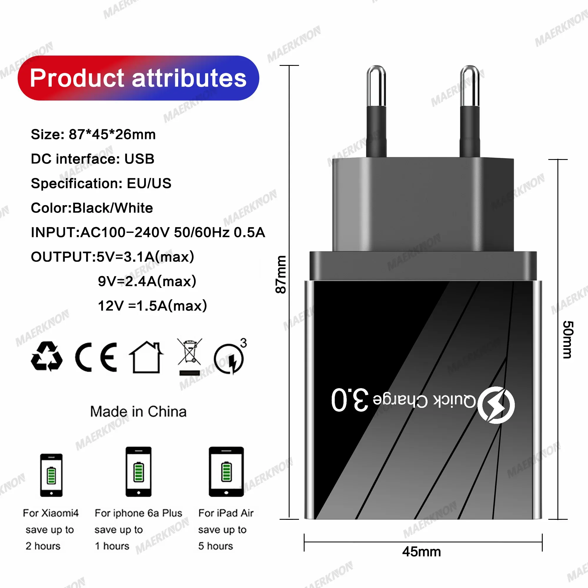 Chargeur USB 3A à 4 ports, charge rapide 3.0, prises UE et US, compatible iPhone, Samsung, Xiaomi, écouteurs, adaptateur de chargeur pour téléphone portable 6
