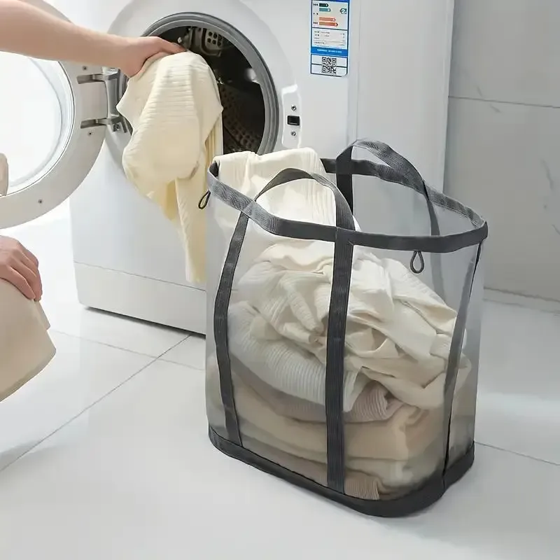 Panier à linge pliable en maille nylon, sac de rangement pour vêtements sales, idéal pour la chambre et la salle de bains, portable et autoportant 2