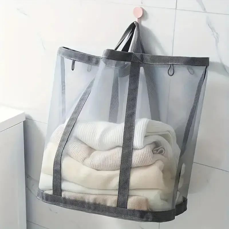 Panier à linge pliable en maille nylon, sac de rangement pour vêtements sales, idéal pour la chambre et la salle de bains, portable et autoportant 4