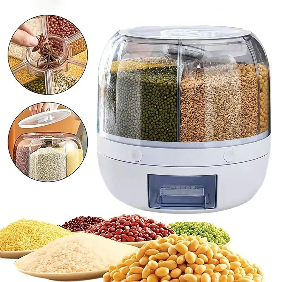 360° Distributeur alimentaire rotatif à 6 compartiments – Récipient de cuisine hermétique pour céréales et produits secs - Image 1