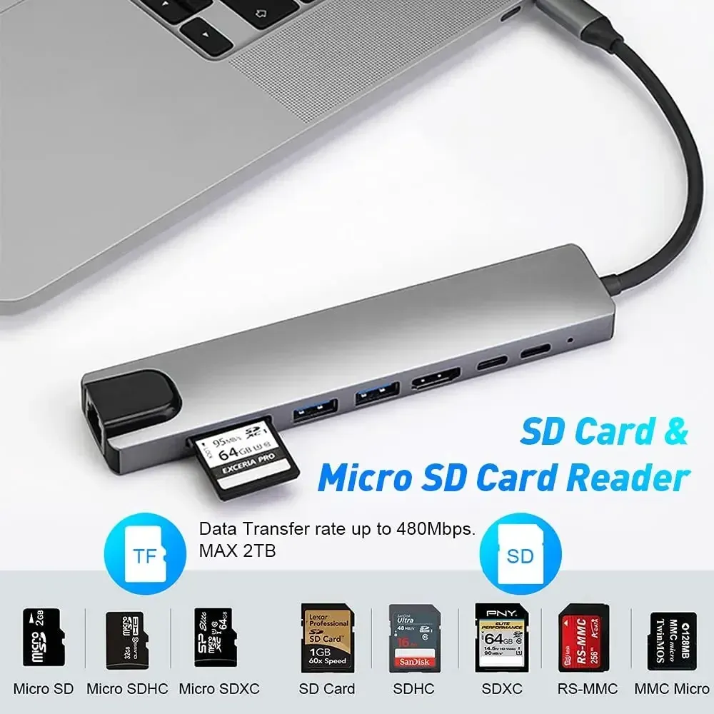 Hub USB 3.0 Airies pour ordinateur portable, adaptateur USB-C 6 en 1 avec charge PD, HDMI, RJ45, lecteur de cartes TF/SD et ports USB 3.0 2