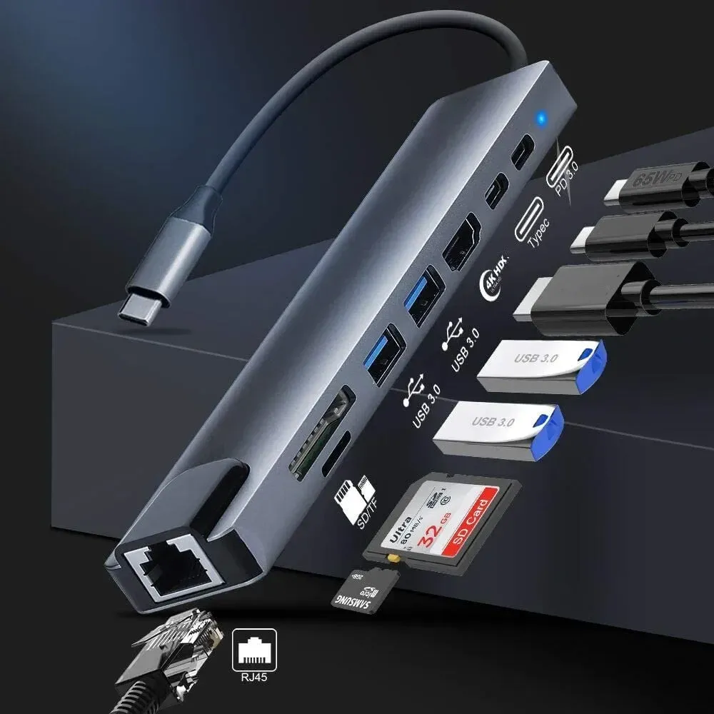 Hub USB 3.0 Airies pour ordinateur portable, adaptateur USB-C 6 en 1 avec charge PD, HDMI, RJ45, lecteur de cartes TF/SD et ports USB 3.0 10