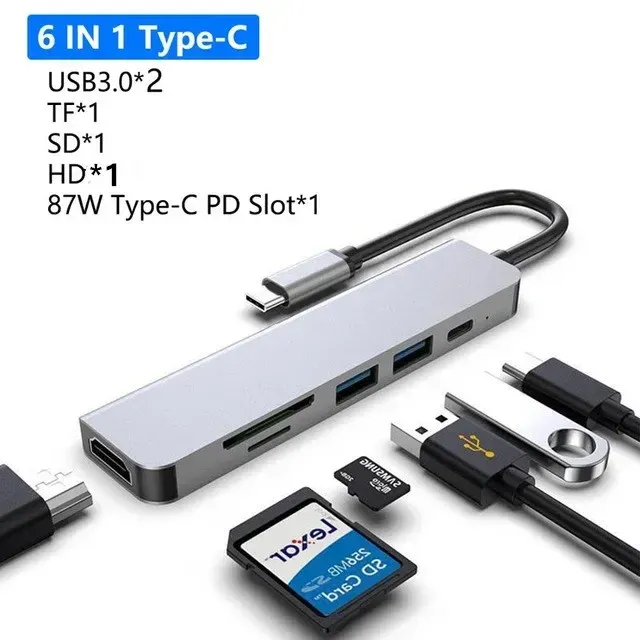 Hub USB 3.0 Airies pour ordinateur portable, adaptateur USB-C 6 en 1 avec charge PD, HDMI, RJ45, lecteur de cartes TF/SD et ports USB 3.0 8