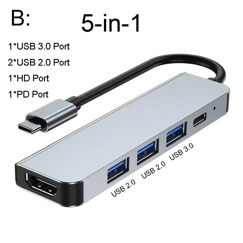 Hub USB 3.0 Airies pour ordinateur portable, adaptateur USB-C 6 en 1 avec charge PD, HDMI, RJ45, lecteur de cartes TF/SD et ports USB 3.0 7