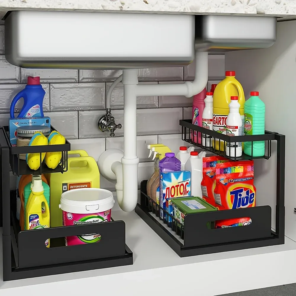 Organisateur coulissant sous-évier à 2 niveaux en métal antirouille, rangement pour armoires de cuisine et de salle de bain, idéal pour les produits d'entretien 3