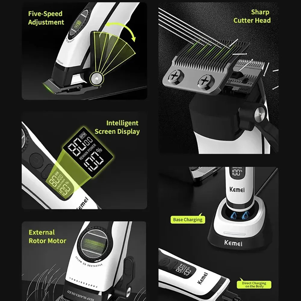 Tondeuse à cheveux professionnelle Kemei 1593 rechargeable, tondeuse électrique à moteur sans balais à rotor externe 5