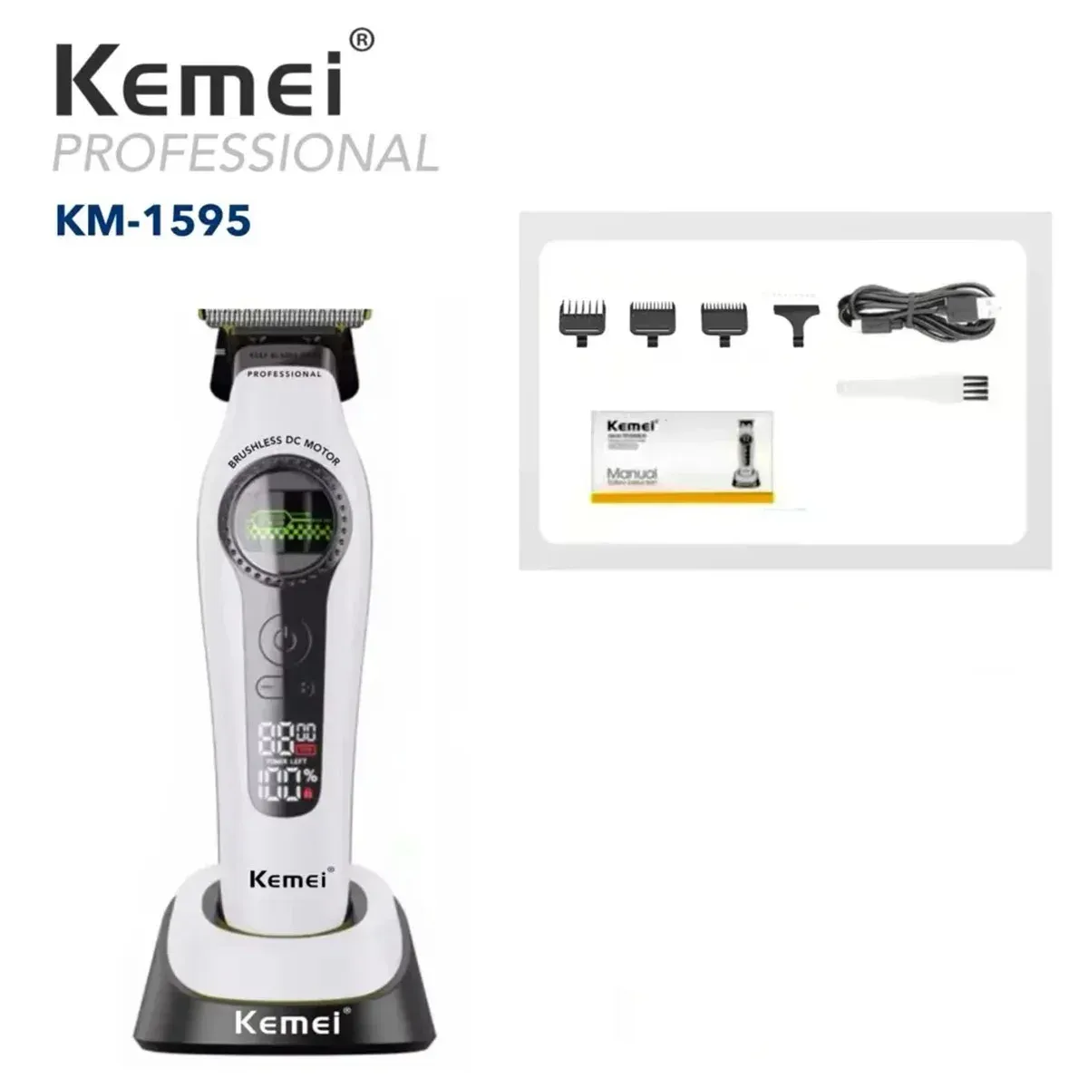 Tondeuse à cheveux professionnelle Kemei 1593 rechargeable, tondeuse électrique à moteur sans balais à rotor externe 16
