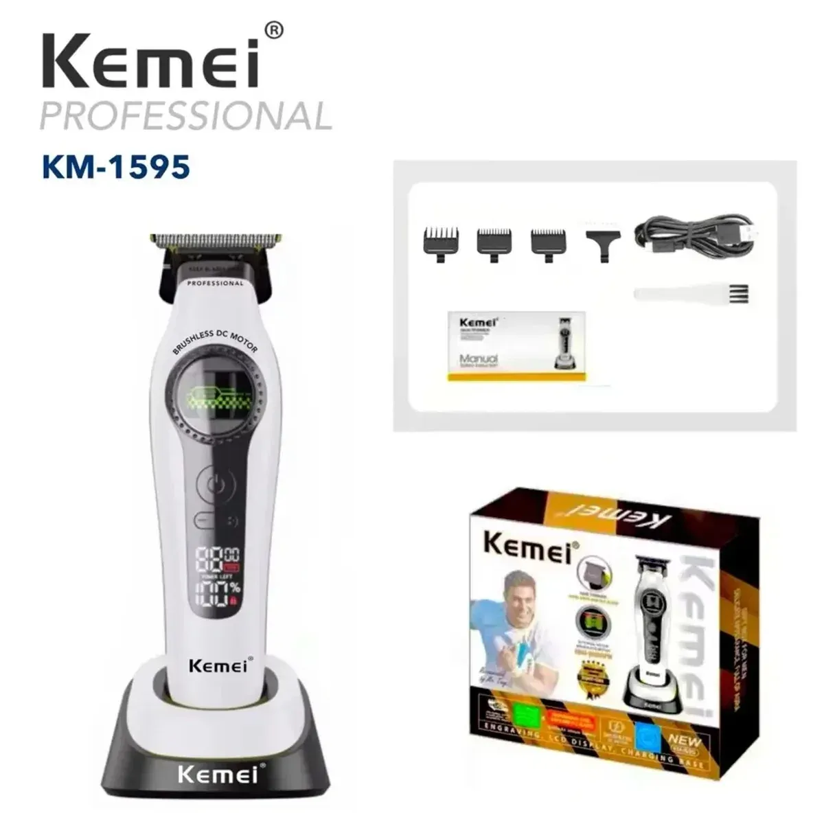 Tondeuse à cheveux professionnelle Kemei 1593 rechargeable, tondeuse électrique à moteur sans balais à rotor externe 15