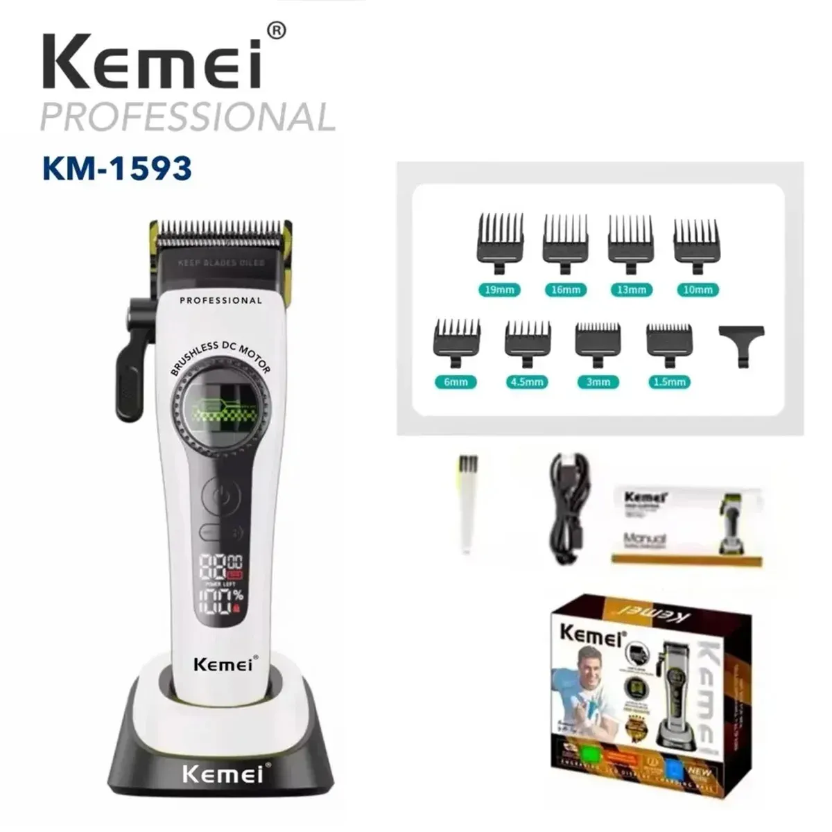 Tondeuse à cheveux professionnelle Kemei 1593 rechargeable, tondeuse électrique à moteur sans balais à rotor externe 12