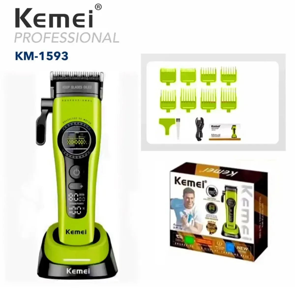 Tondeuse à cheveux professionnelle Kemei 1593 rechargeable, tondeuse électrique à moteur sans balais à rotor externe 10