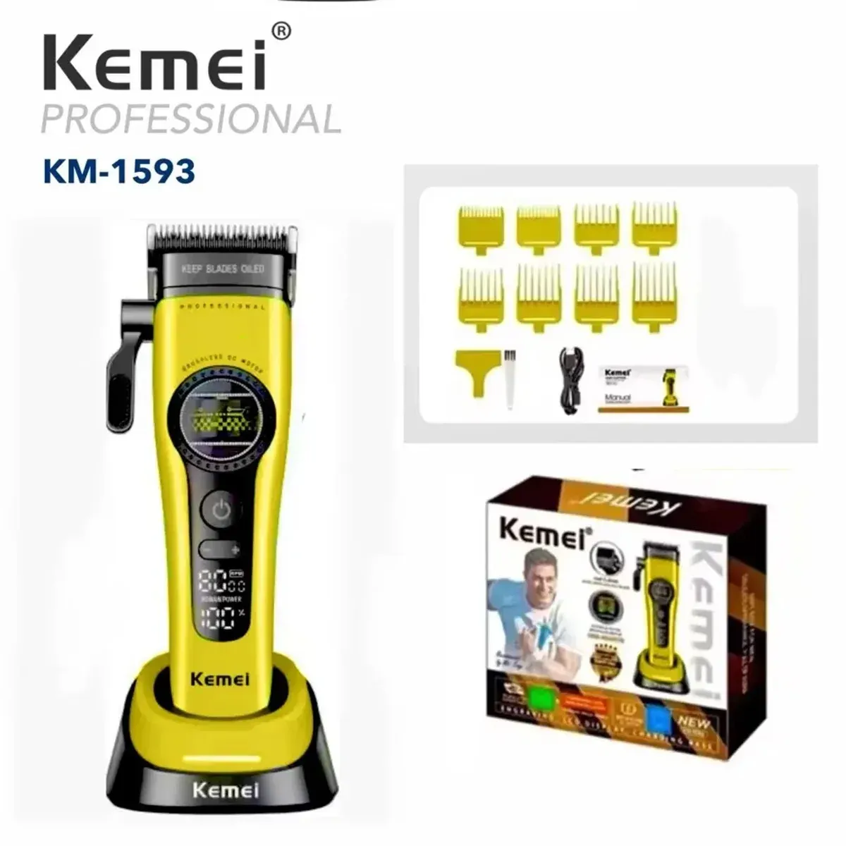 Tondeuse à cheveux professionnelle Kemei 1593 rechargeable, tondeuse électrique à moteur sans balais à rotor externe 8