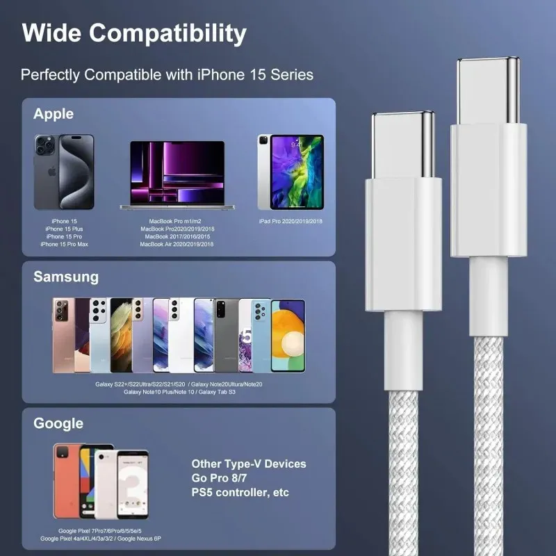 Câble de charge rapide USB-C vers USB-C PD 100W pour iPhone 16, 15, 17 Pro Max, iPad, Xiaomi, Samsung, Google, Honor, Type-C, 1 m (lot de 20) 5